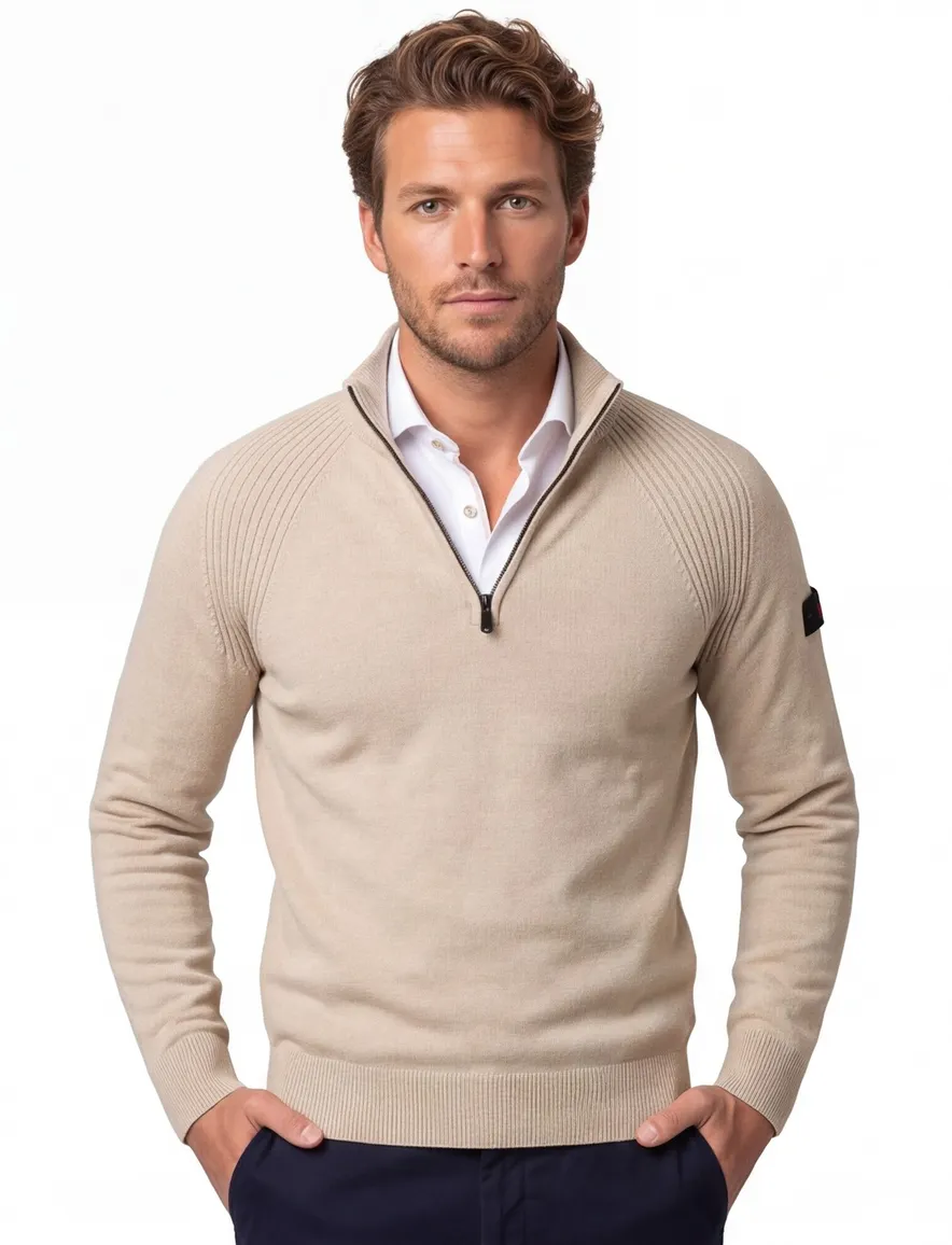 Thomas Maine half zip trui beige gemeleerd
