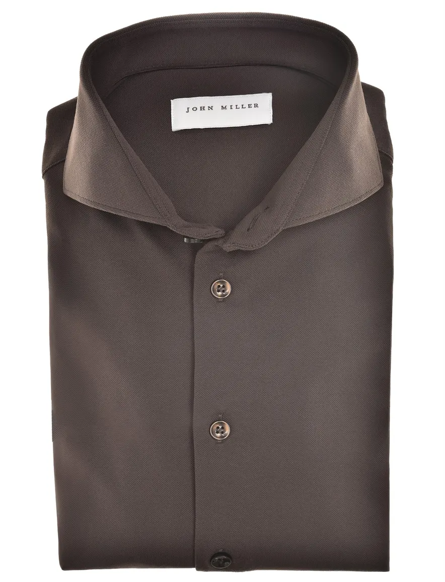 John Miller Slim Fit overhemden bruin stretch