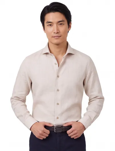 John Miller John Miller Slim Fit overhemd beige gemeleerd