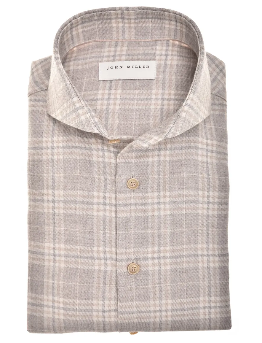 John Miller Tailored Fit New geruit overhemd beige