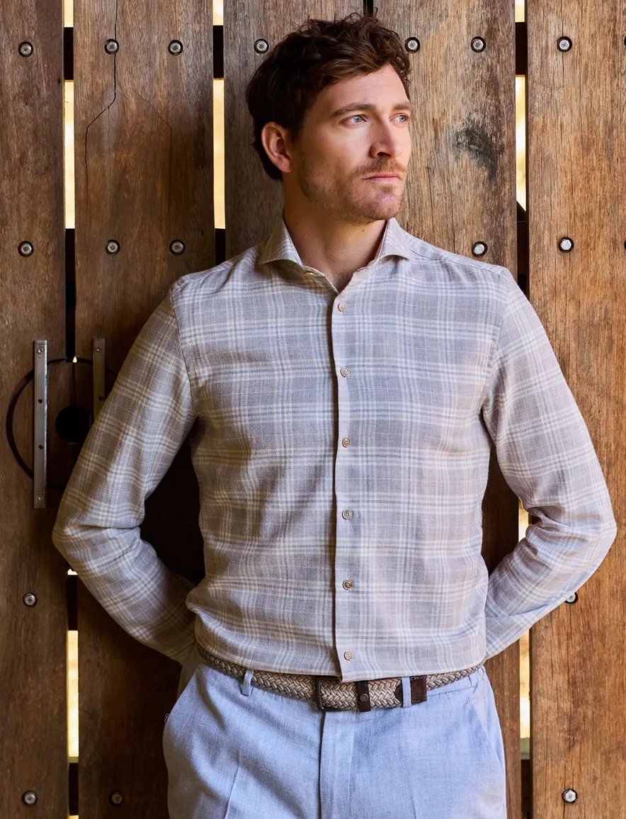 John Miller Tailored Fit New geruit overhemd beige