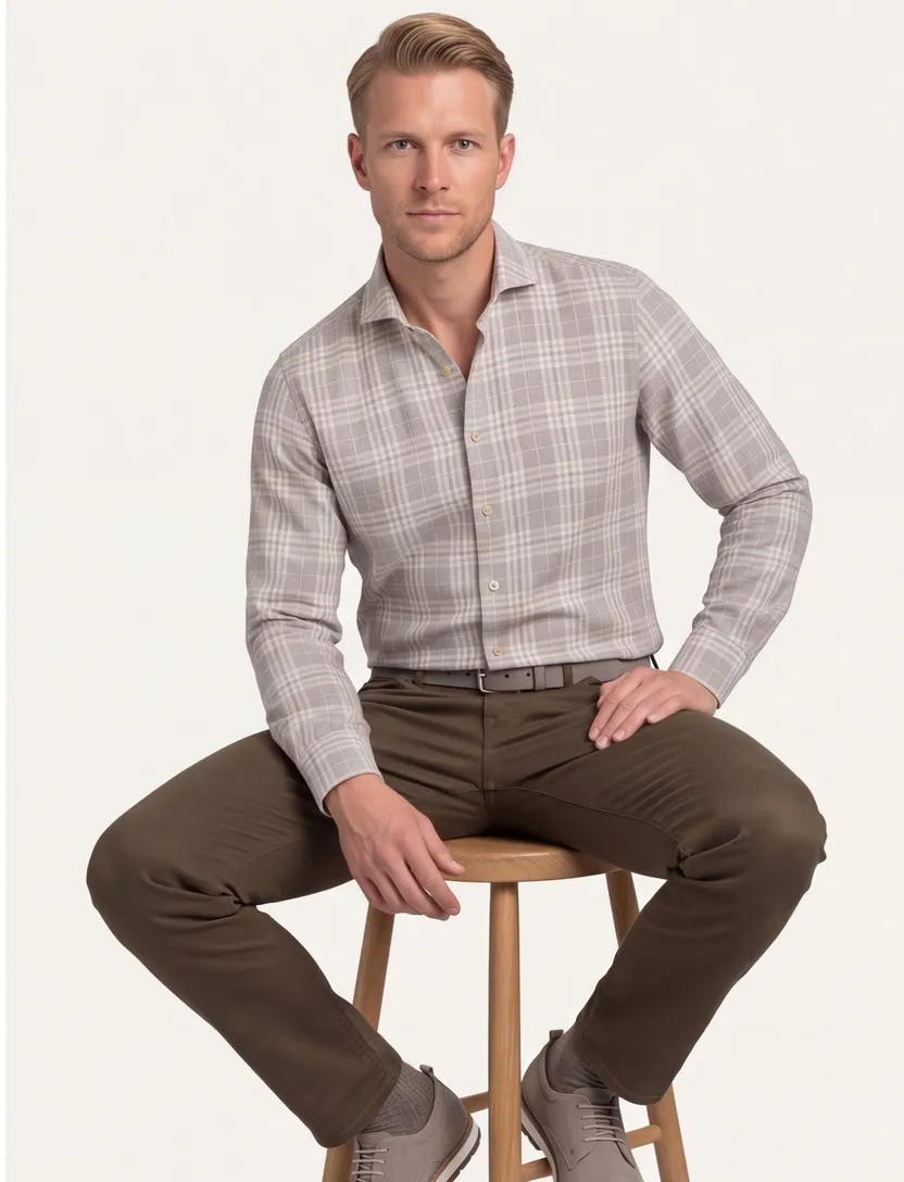 Overhemd John Miller Tailored Fit New beige geruit
