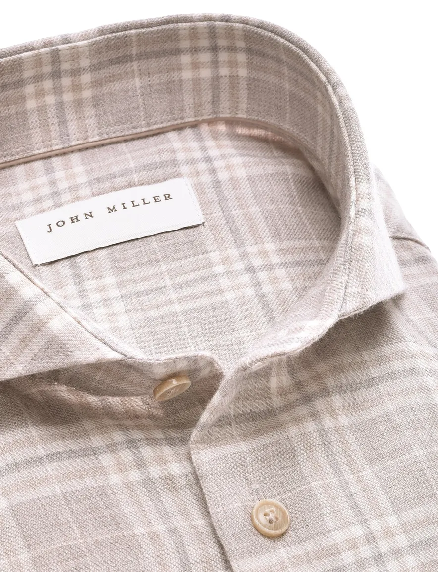 John Miller Tailored Fit New geruit overhemd beige