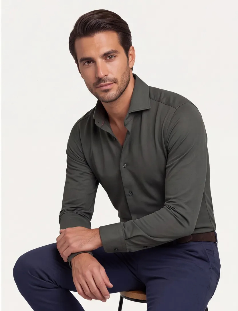 Overhemd John Miller Slim Fit olijfgroen stretch