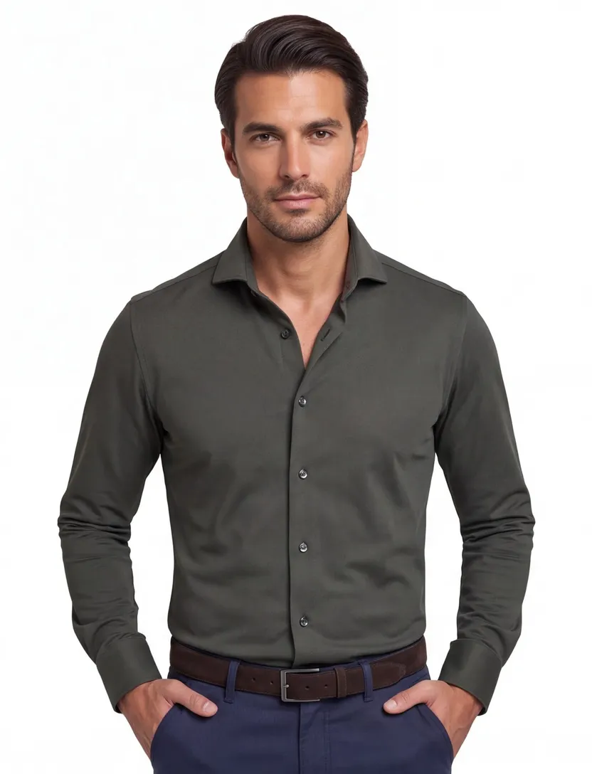 Overhemd John Miller Slim Fit olijfgroen stretch