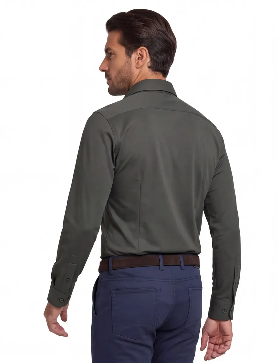 John Miller Slim Fit overhemd olijfgroen stretch