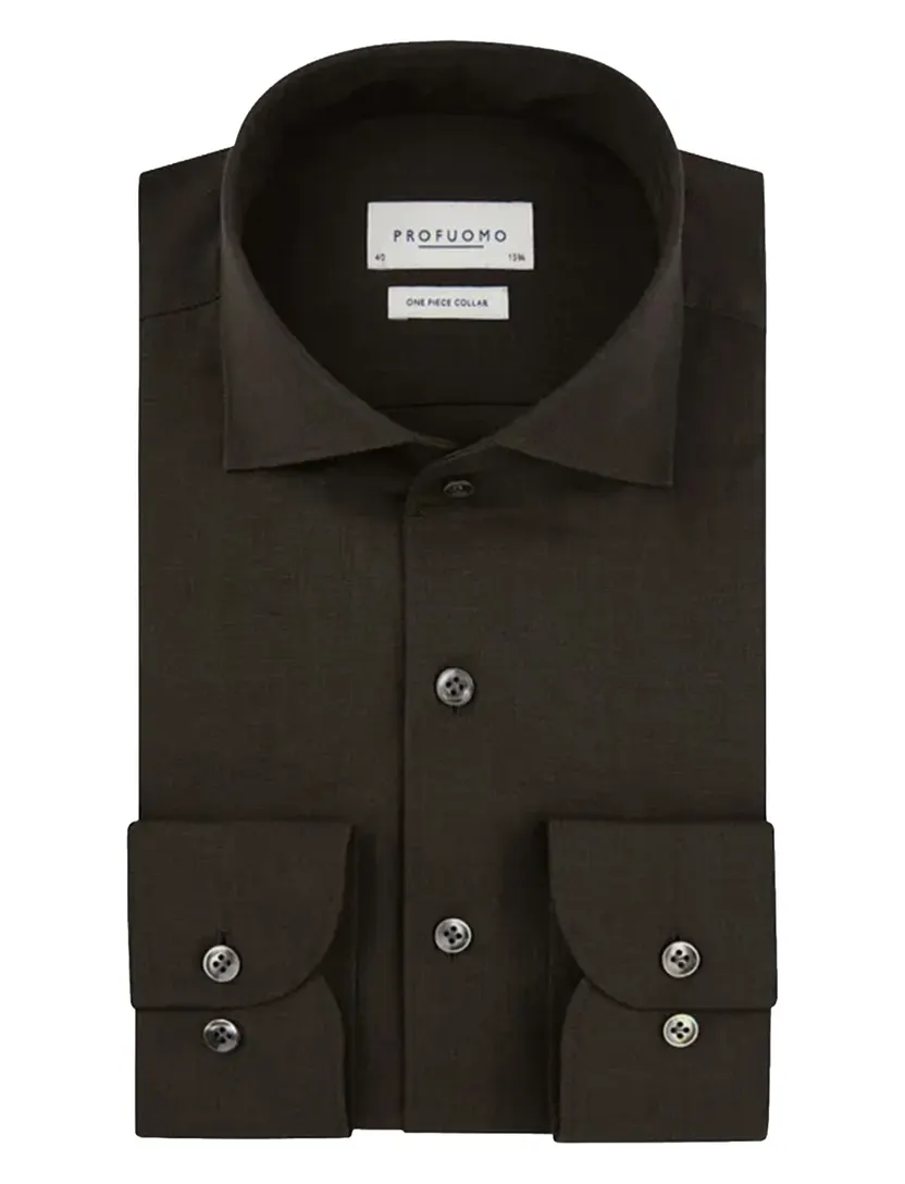 Overhemd Profuomo Slim Fit bruin wol