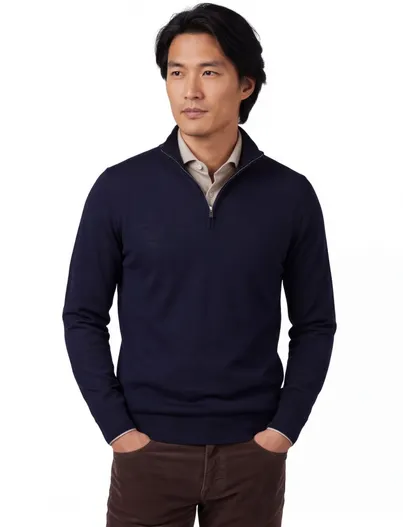 Profuomo Profuomo trui half zip donkerblauw gebreid