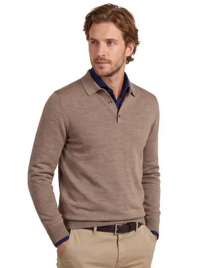 Profuomo Profuomo poloshirt bruin gemeleerd wol