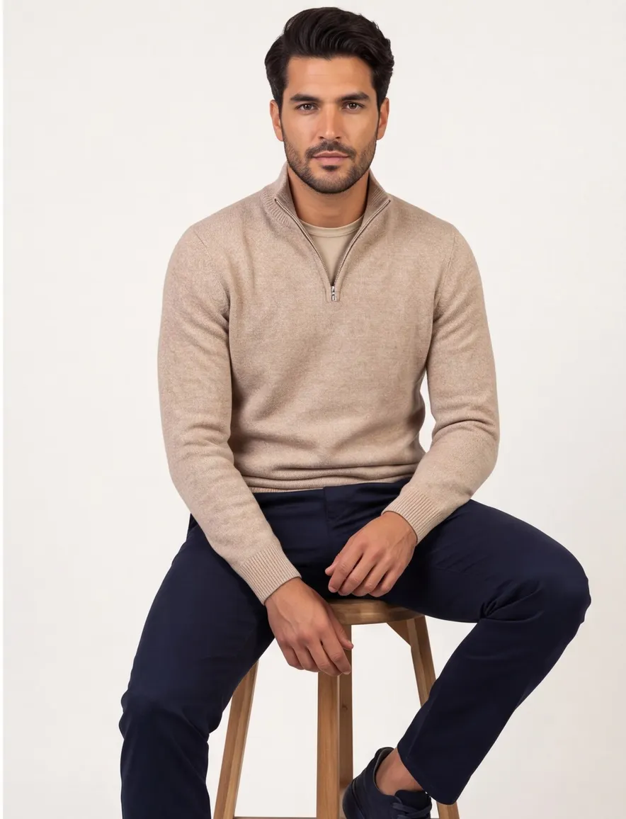 Trui Profuomo bruin PULLOVER HALF ZIP BEIGE