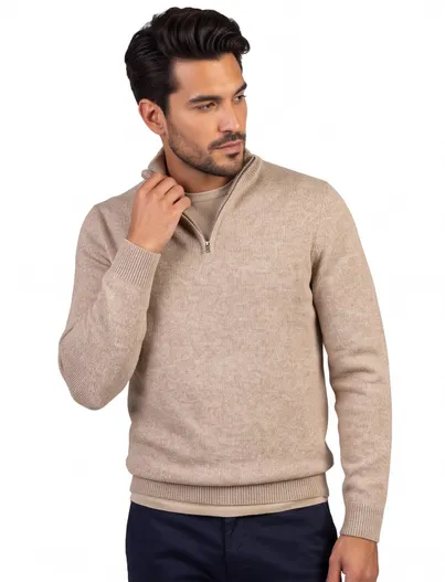 Profuomo Profuomo trui bruin gemeleerd half zip gebreid