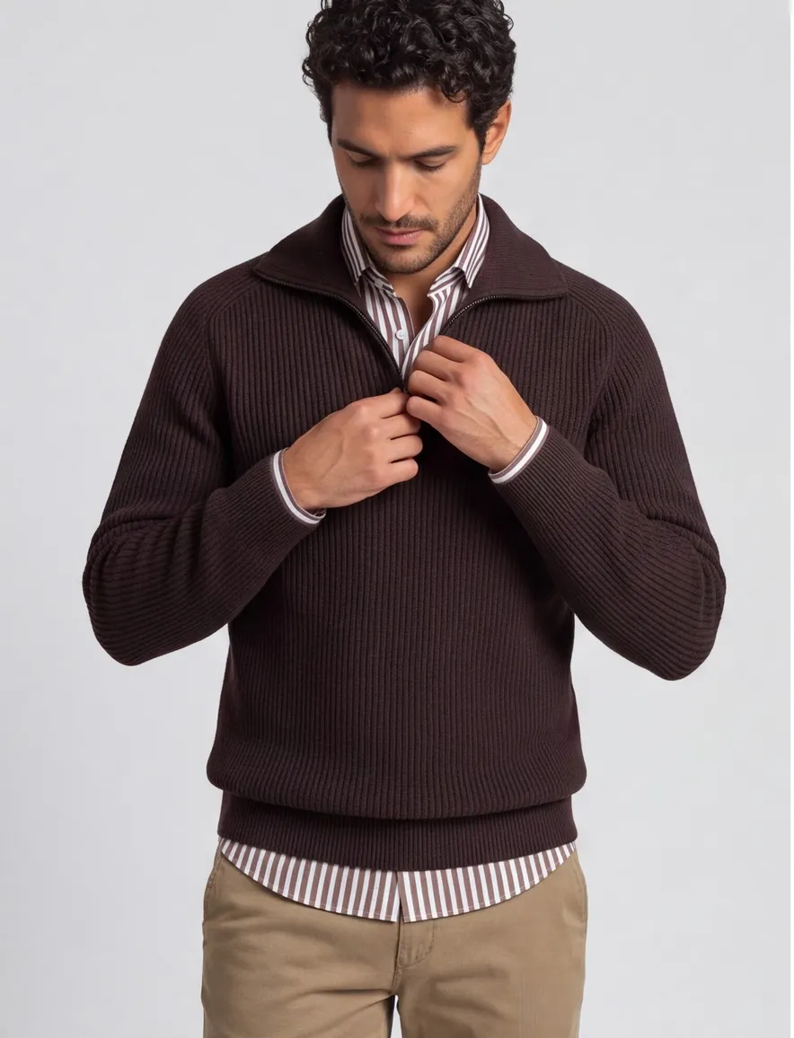 Profuomo trui half zip bruin gebreid