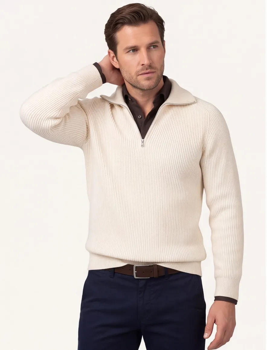 Trui Profuomo creme PULLOVER HALF ZIP SAND