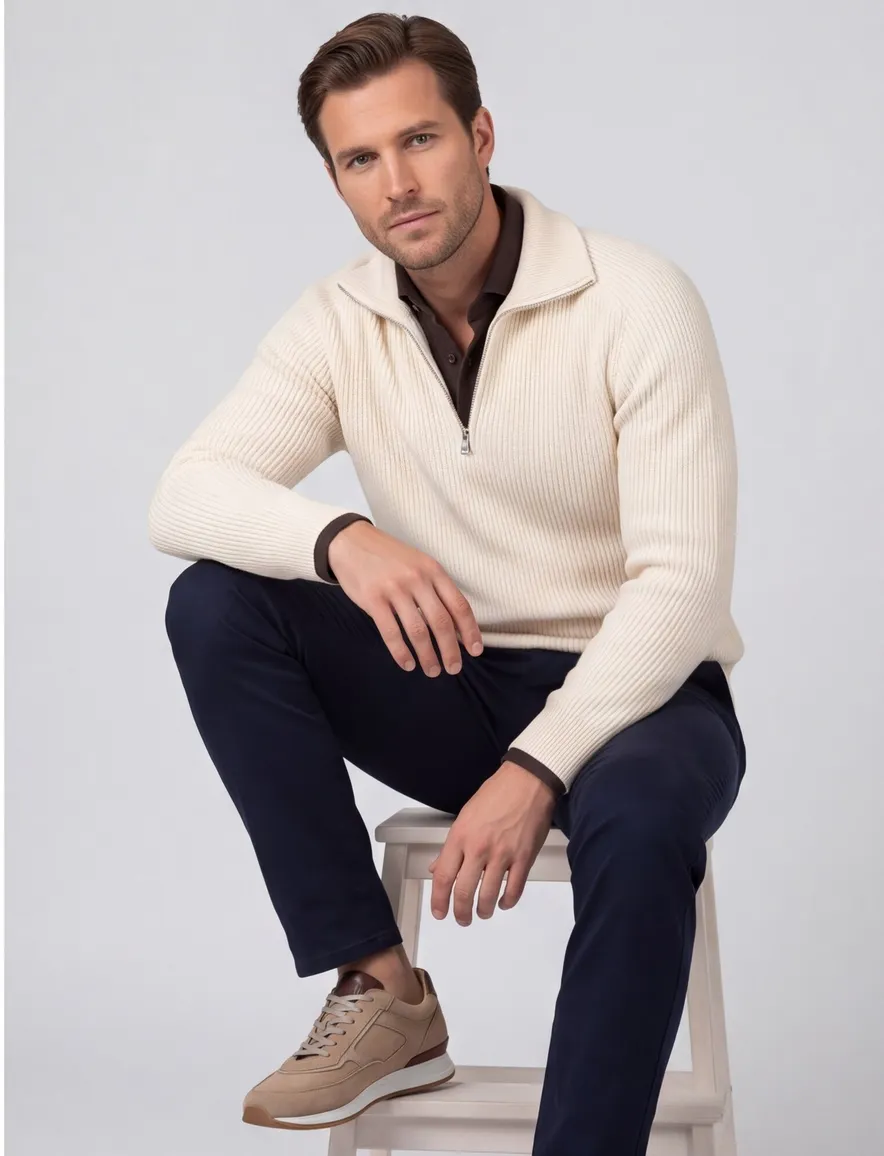 Trui Profuomo creme PULLOVER HALF ZIP SAND