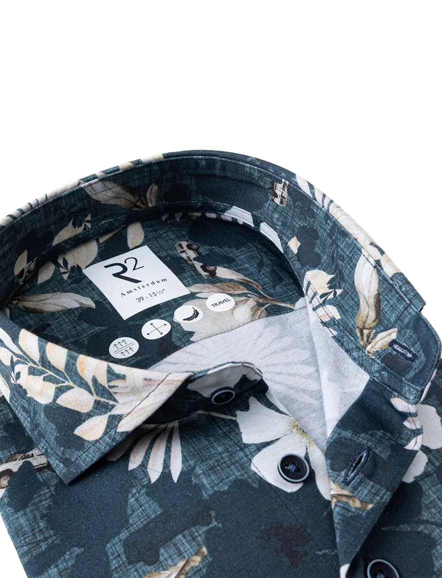 R2 overhemd donkerblauw geprint bloemen