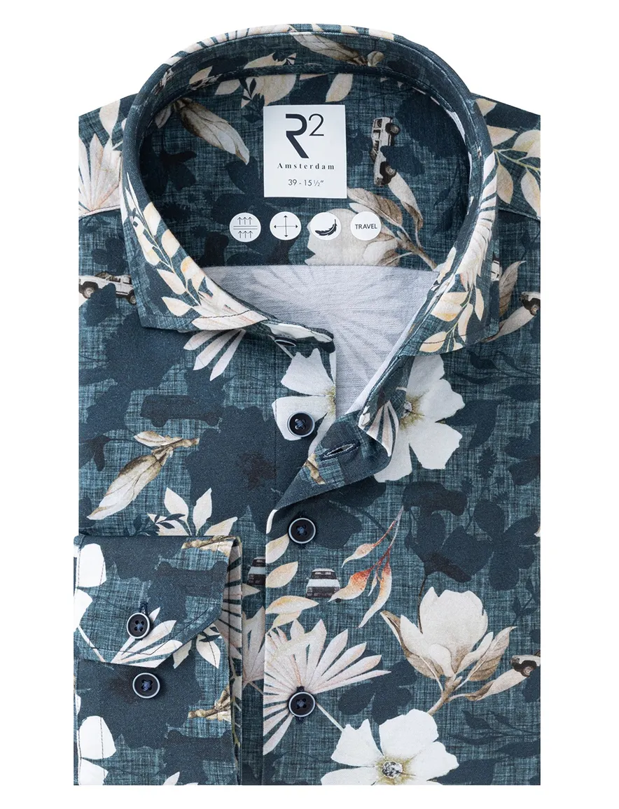 R2 overhemd donkerblauw geprint bloemen