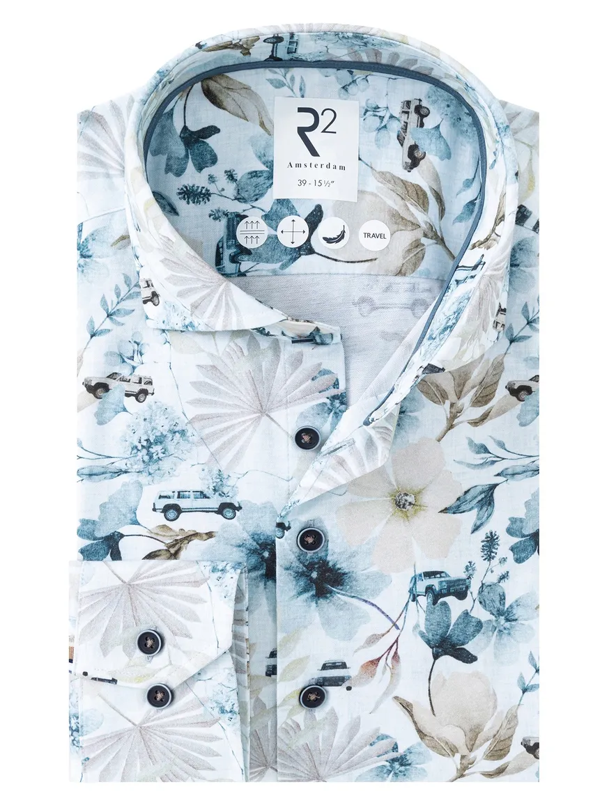 Lichtblauw overhemd R2 bloemen