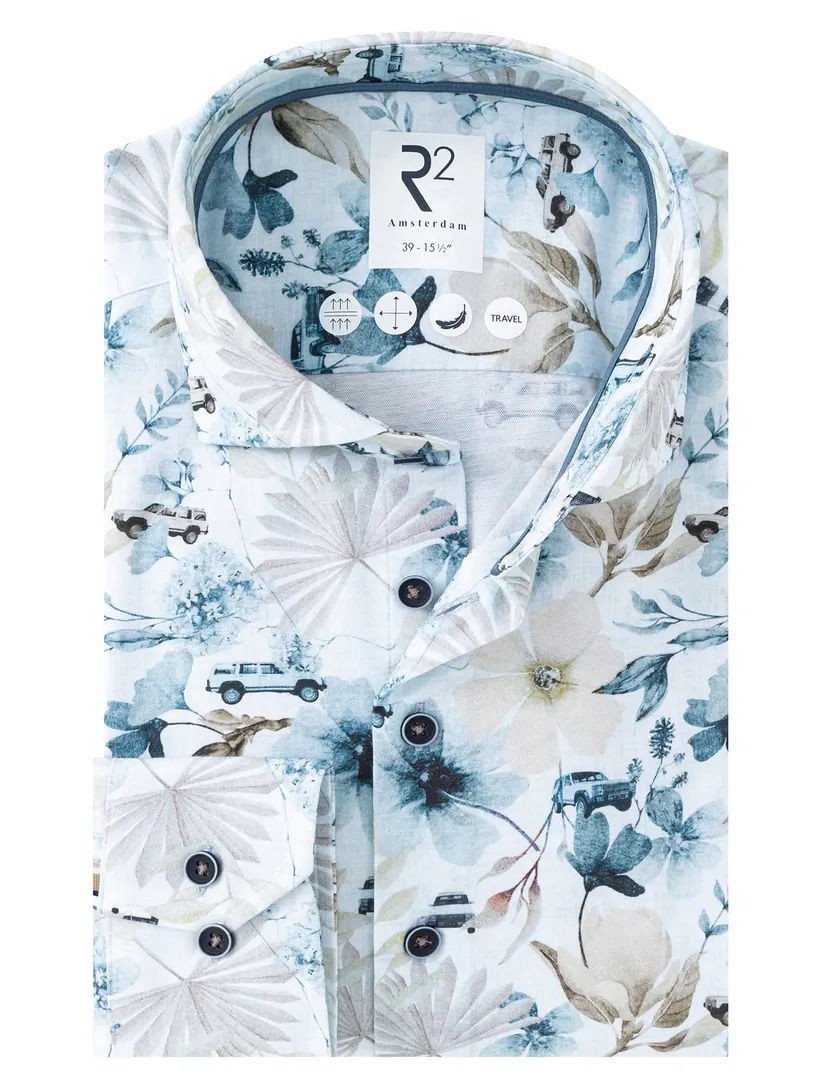 Overhemd R2 lichtblauw bloemen