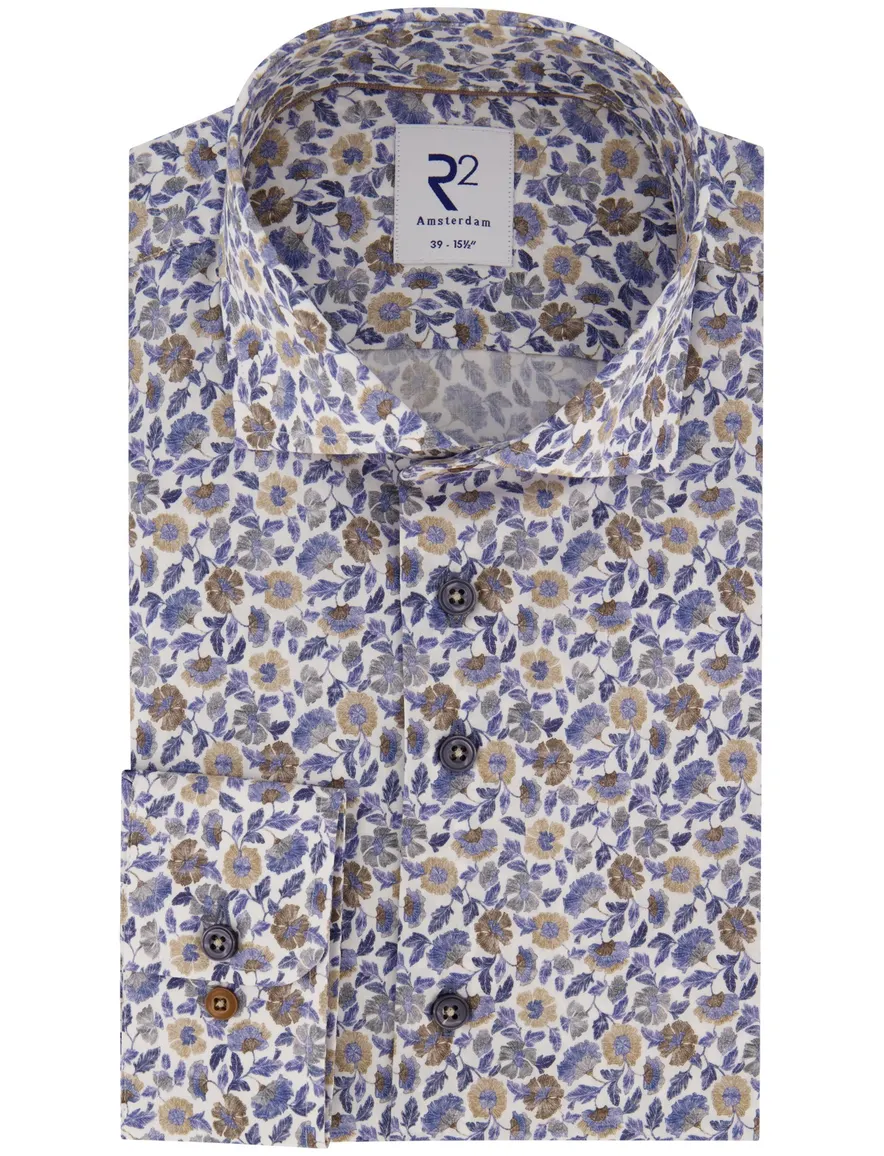 R2 overhemd blauw bloemenprint