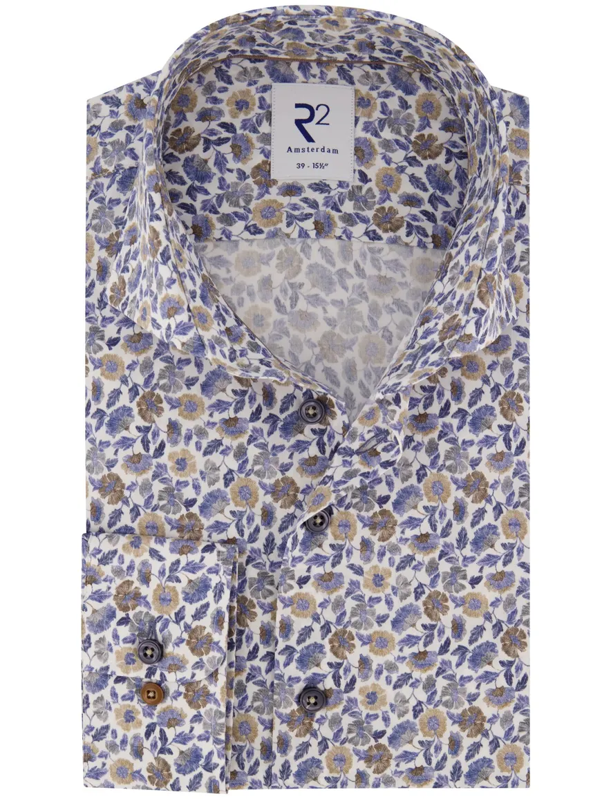 R2 overhemd blauw bloemenprint