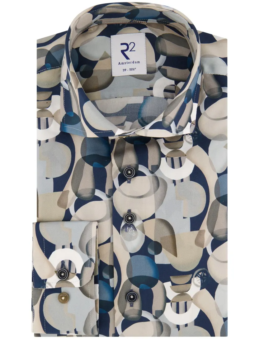 Overhemd R2 beige grafisch print