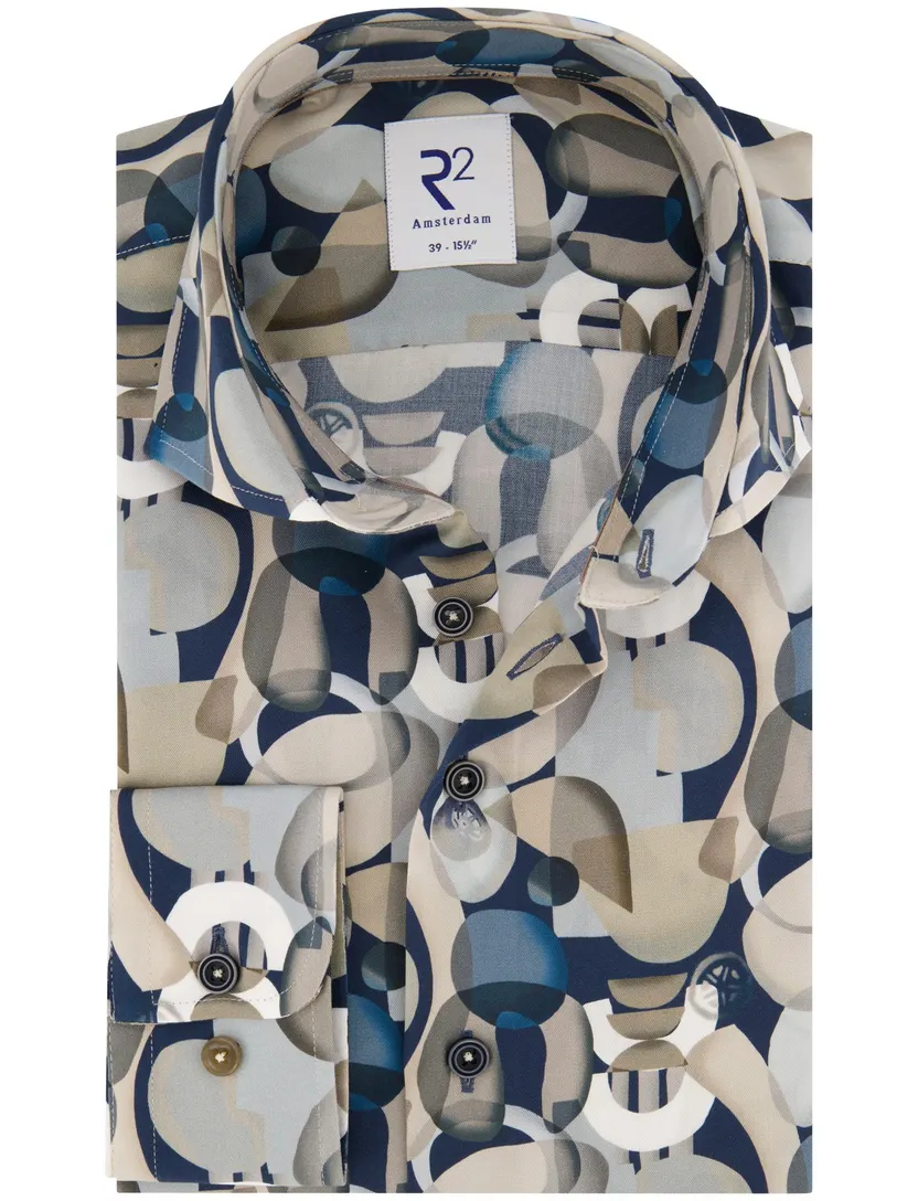 Overhemd R2 beige grafisch print