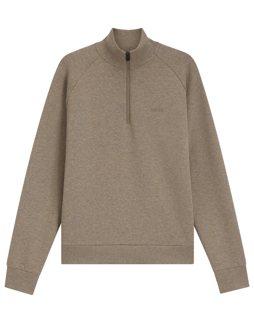 BOSS Green trui half zip beige effen