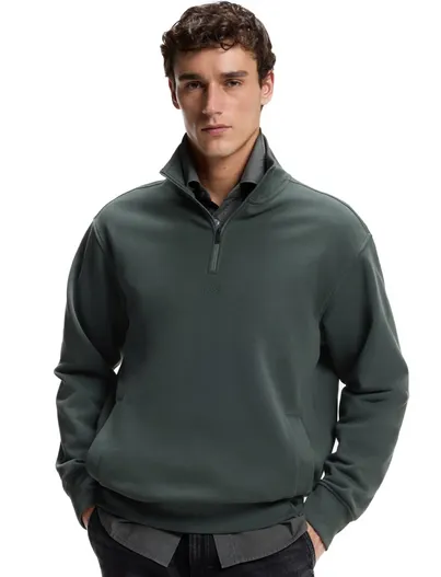 Hugo Boss BOSS Orange trui donkergroen sweatstof met kwartrits