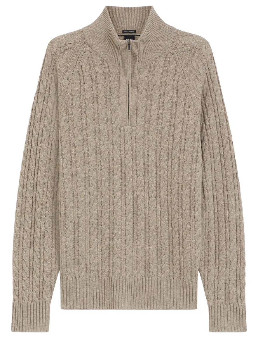 BOSS Black trui beige scheerwol kabeltrui half zip