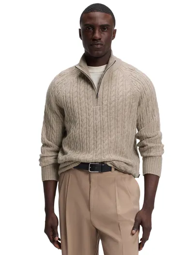 Hugo Boss BOSS Black trui beige scheerwol kabeltrui half zip