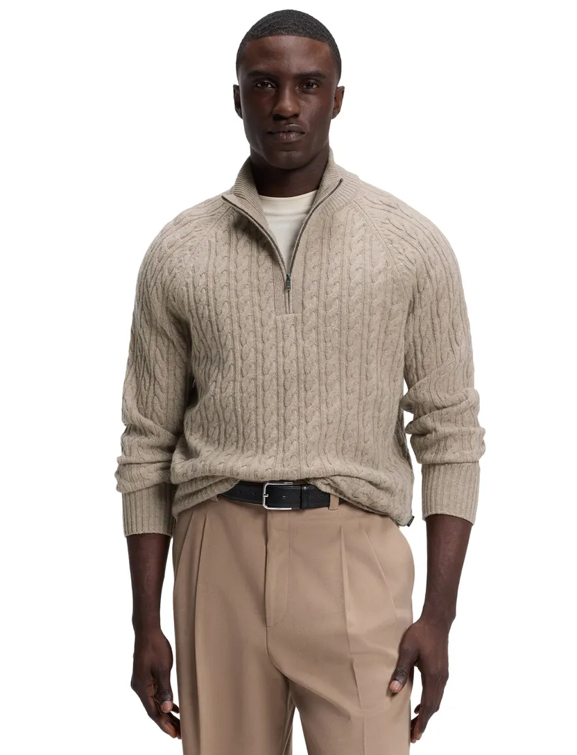 Trui BOSS Black beige kabeltrui half zip