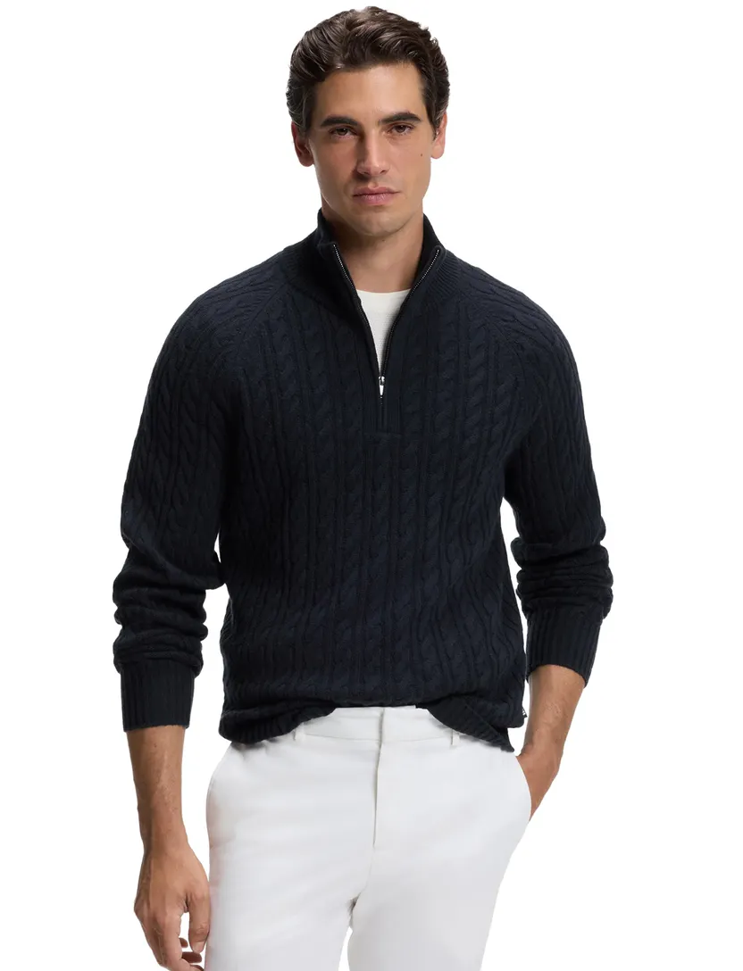 Trui BOSS Black donkerblauw scheerwol kabeltrui half zip