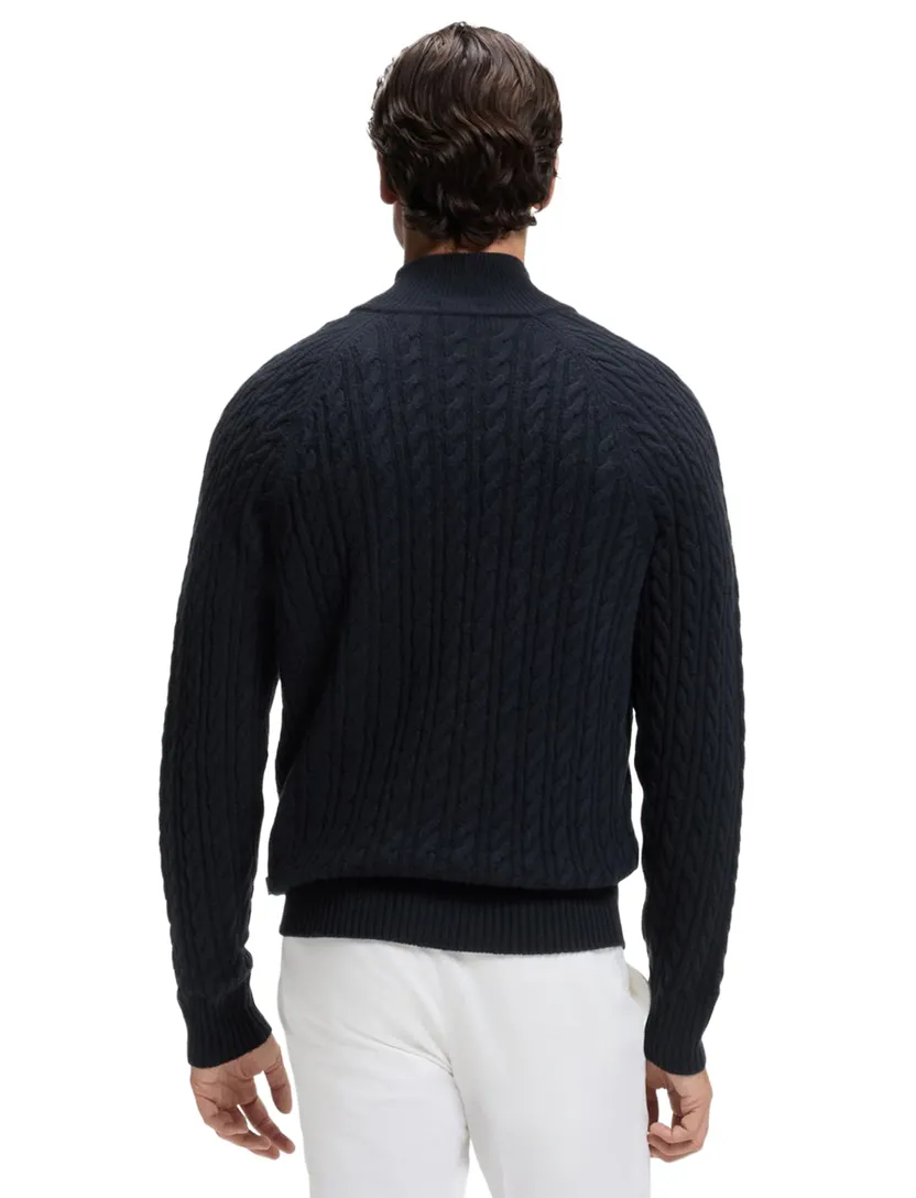 Trui BOSS Black donkerblauw scheerwol kabeltrui half zip