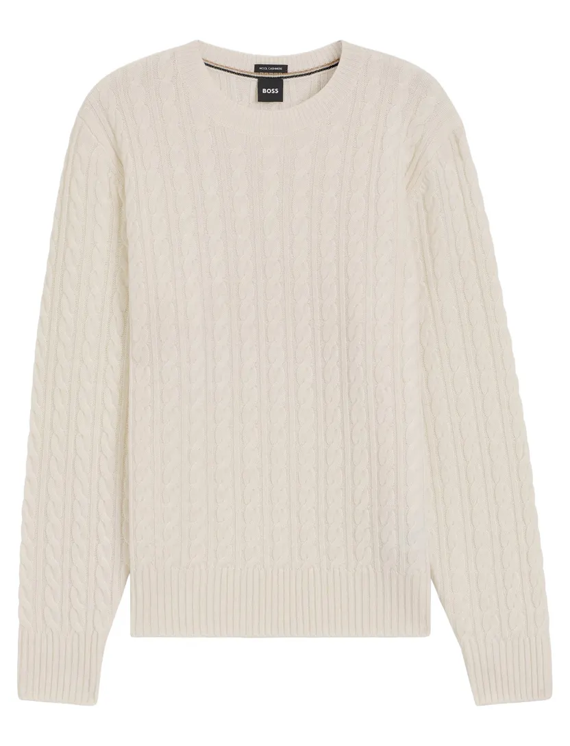Trui BOSS Black creme kabeltrui scheerwol