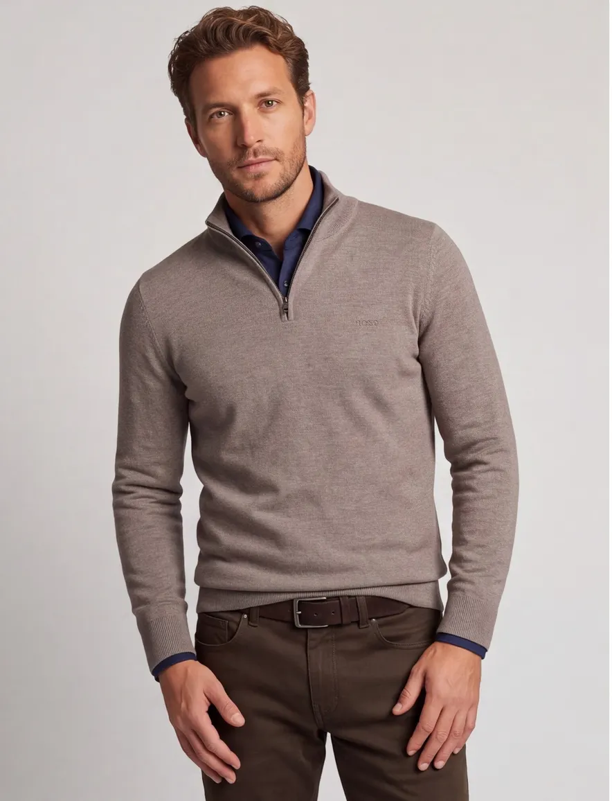 BOSS Black trui beige gemeleerd half zip