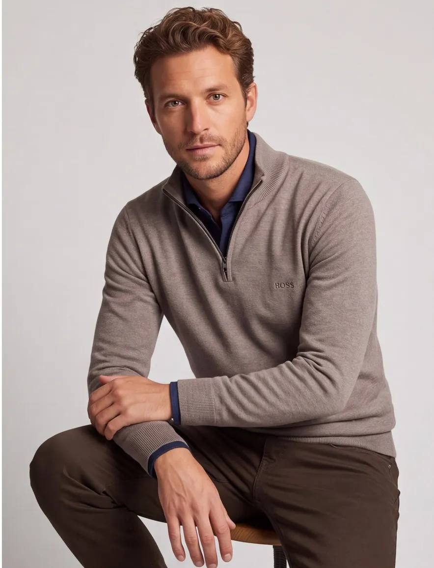 BOSS Black trui beige gemeleerd half zip