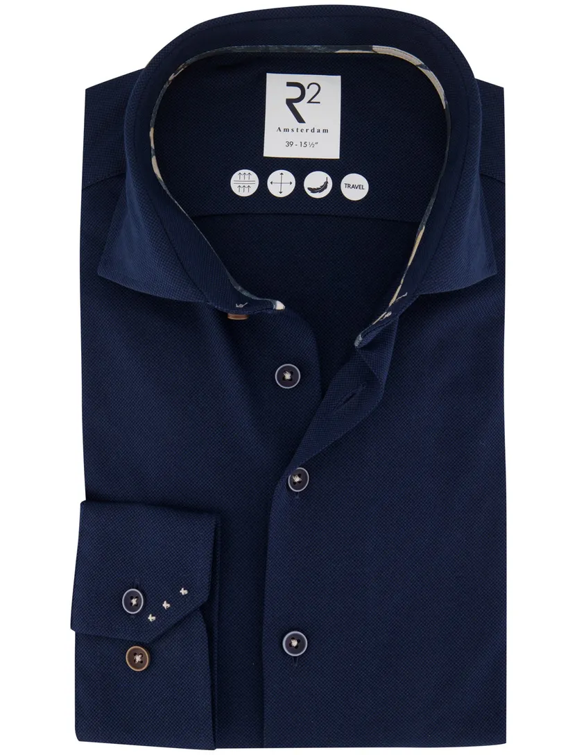 Overhemd R2 donkerblauw geruit slim fit