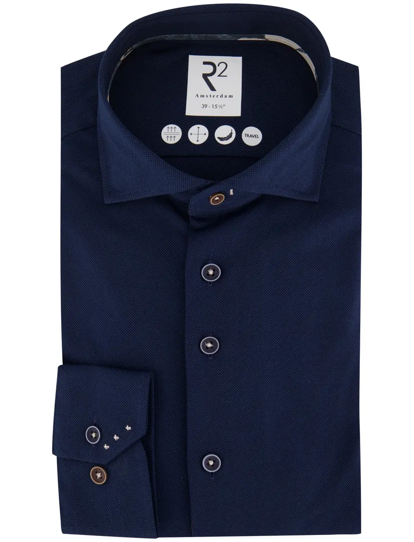 Overhemd R2 donkerblauw geruit slim fit