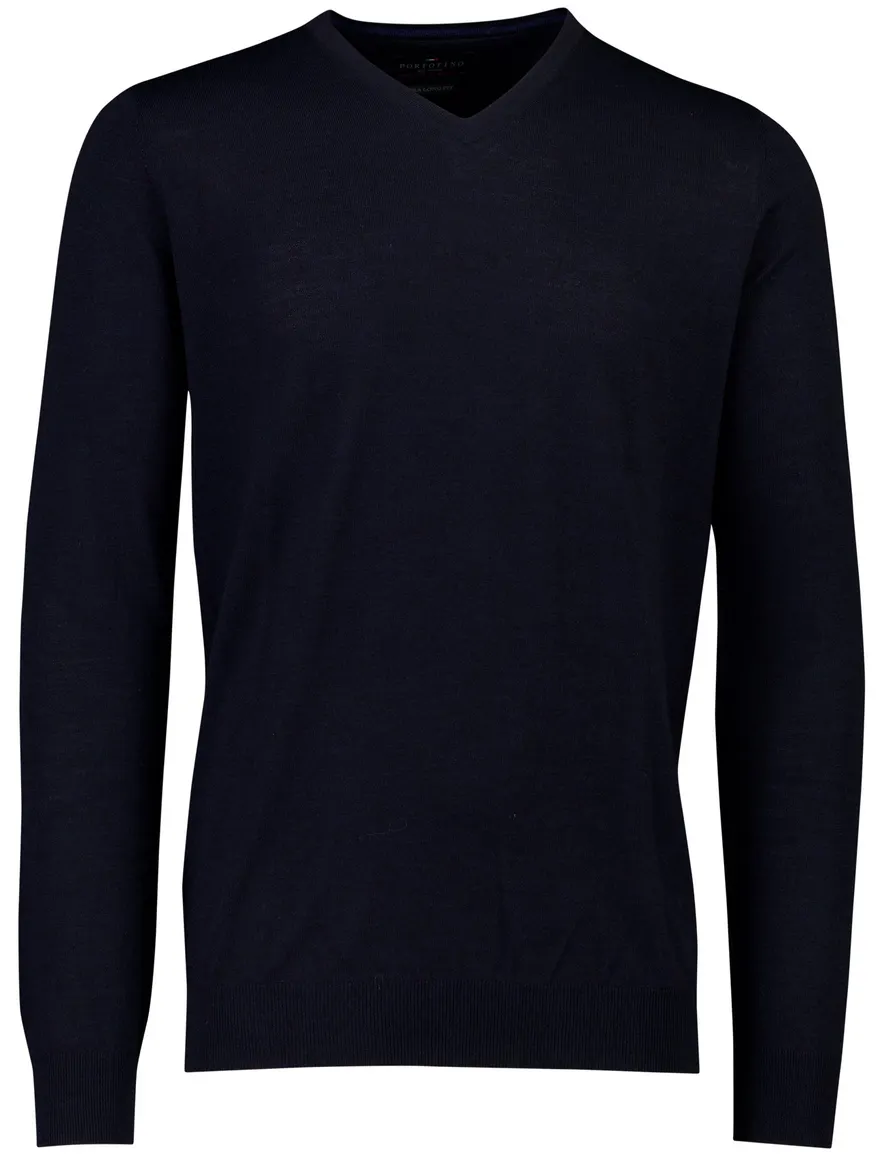Portofino trui v hals donkerblauw gemeleerd merinowol