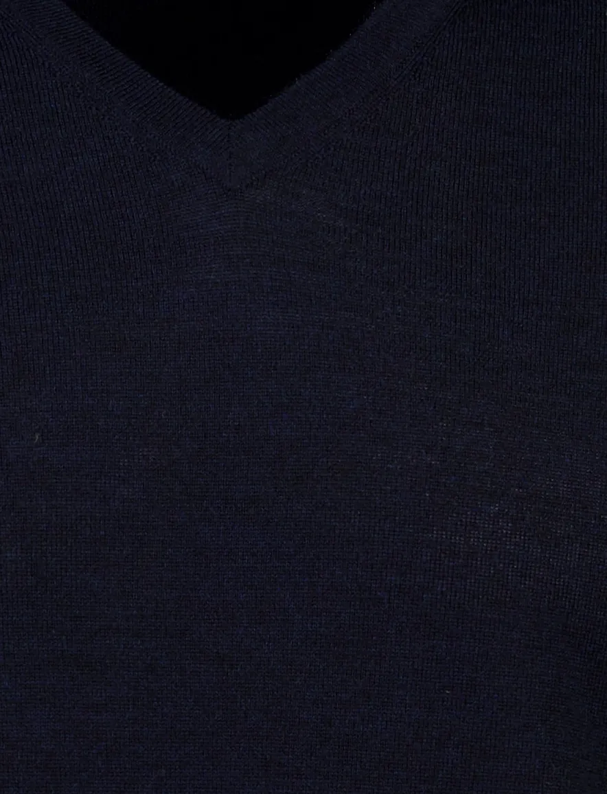Portofino trui v hals donkerblauw gemeleerd merinowol