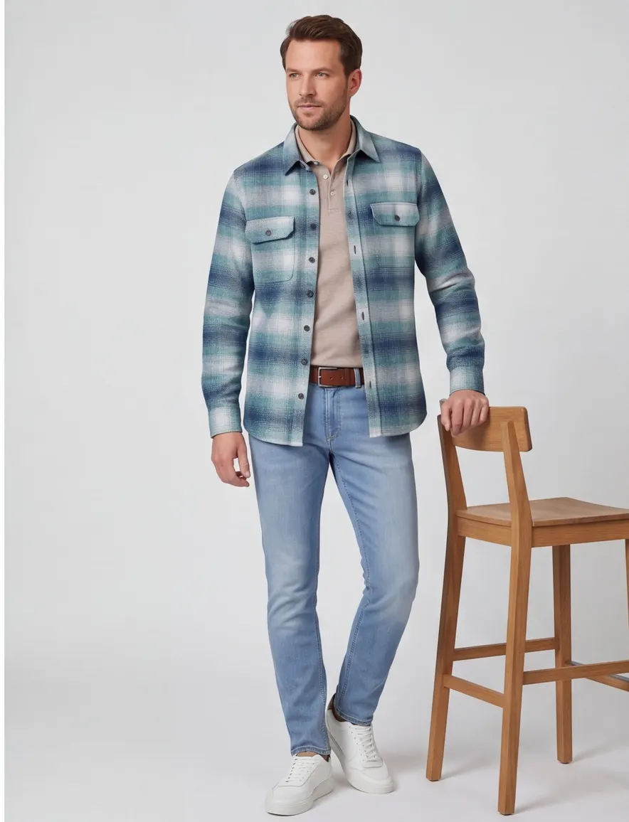 Casa Moda overshirt geruit blauw met borstzak