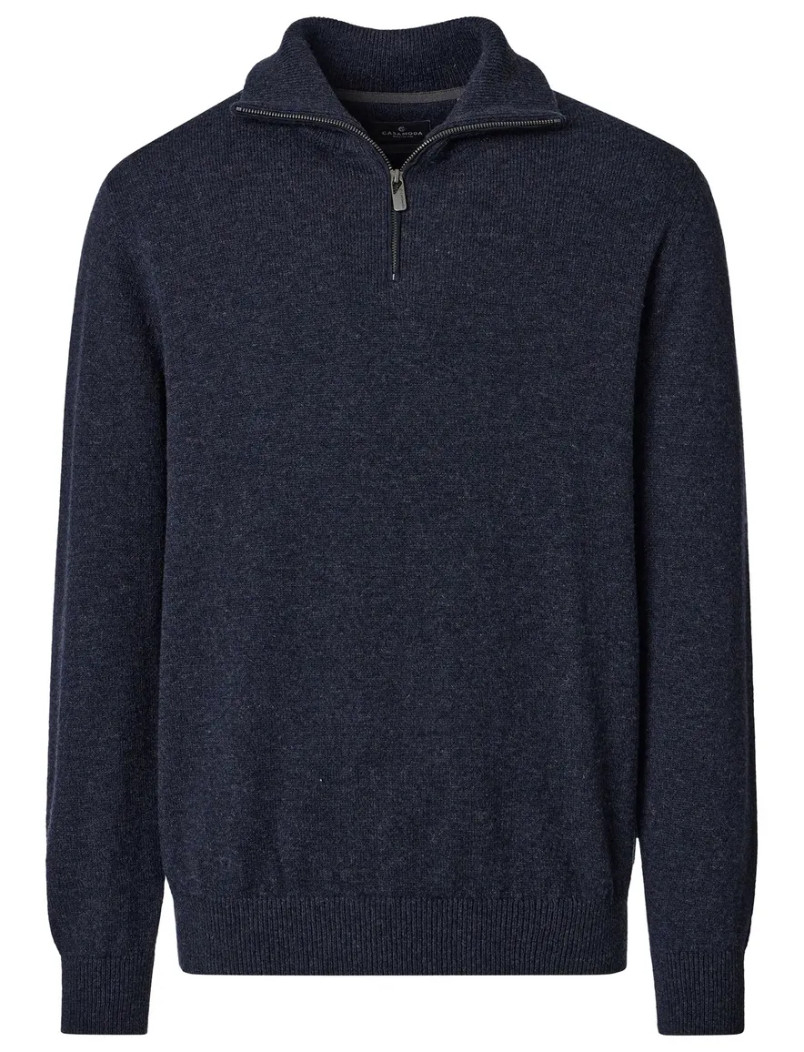 Casa Moda trui half zip donkerblauw gemeleerd gebreid
