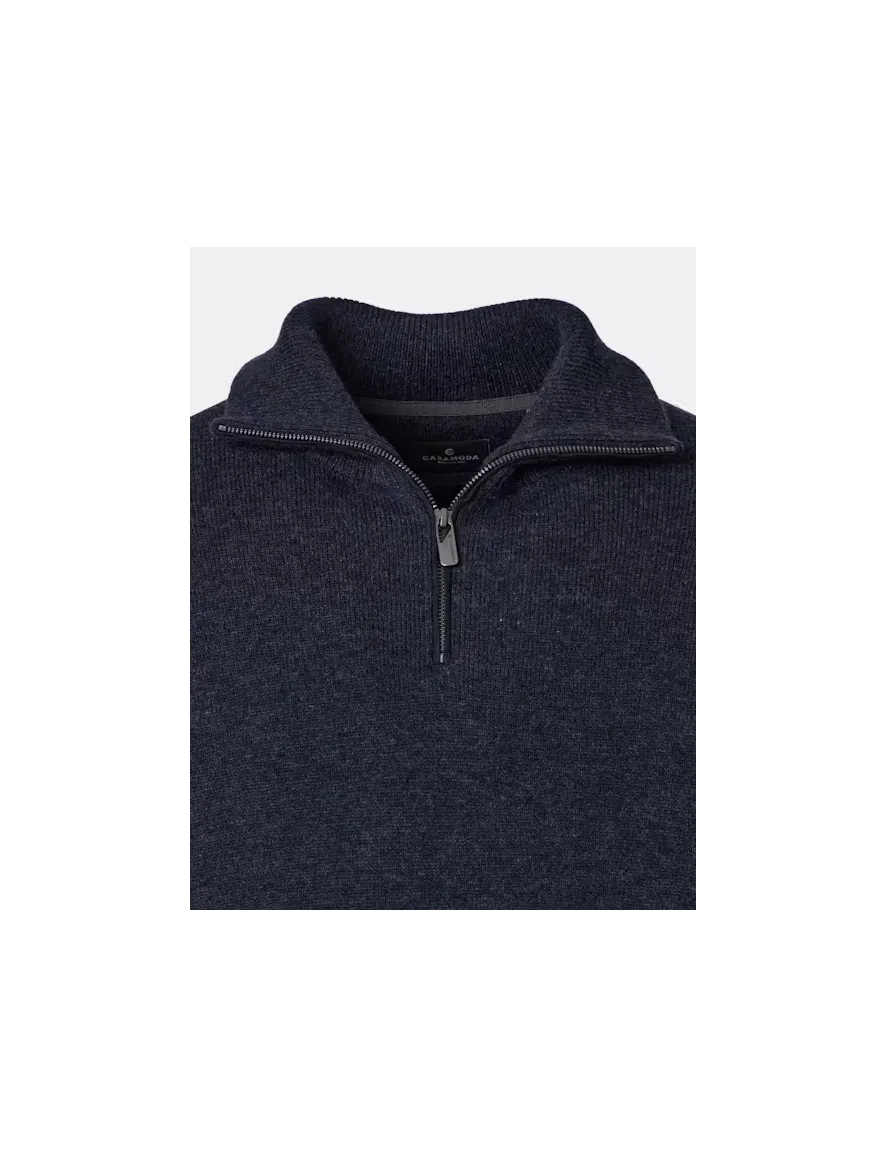 Casa Moda trui half zip donkerblauw gemeleerd gebreid