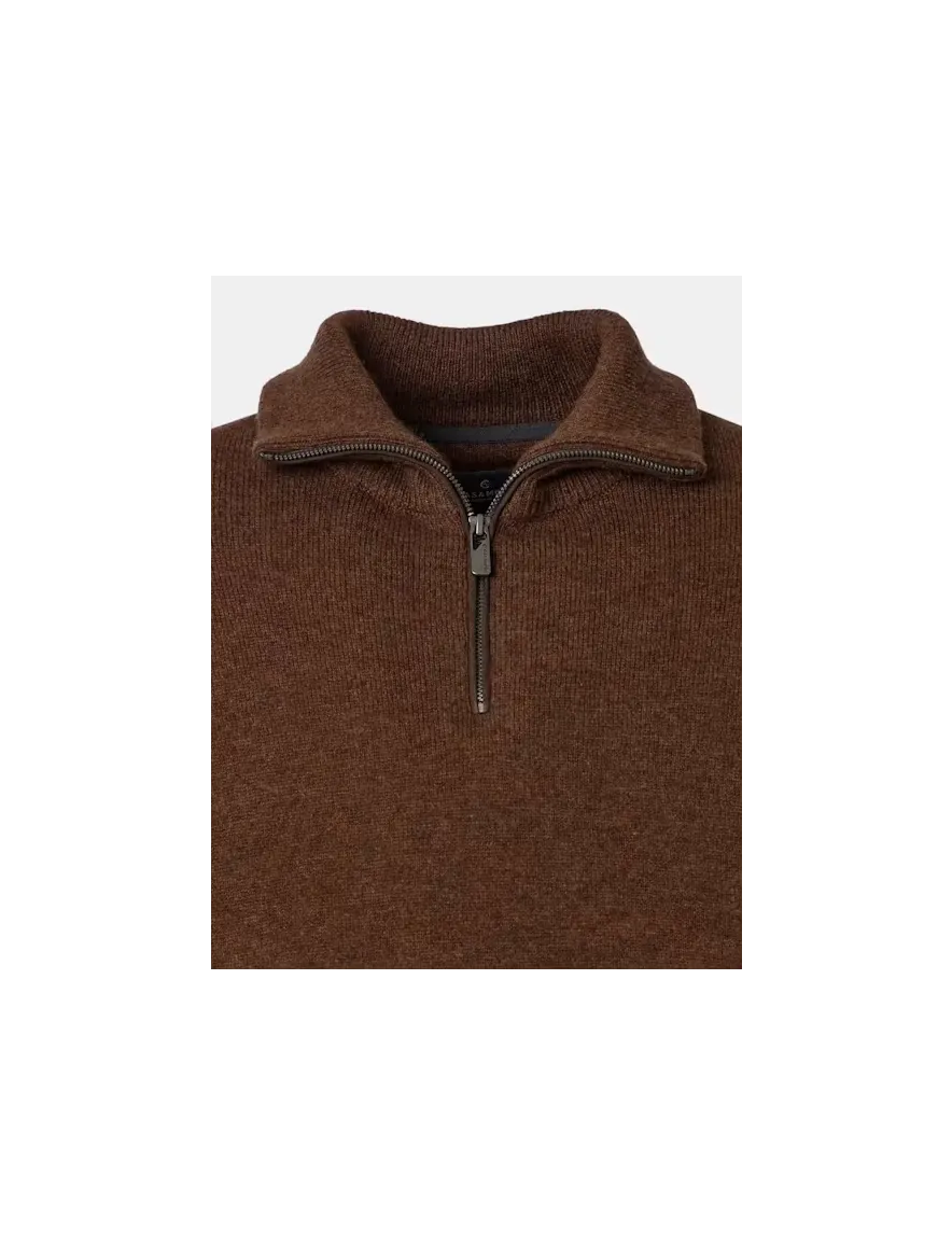 Casa Moda trui half zip bruin gemeleerd gebreid