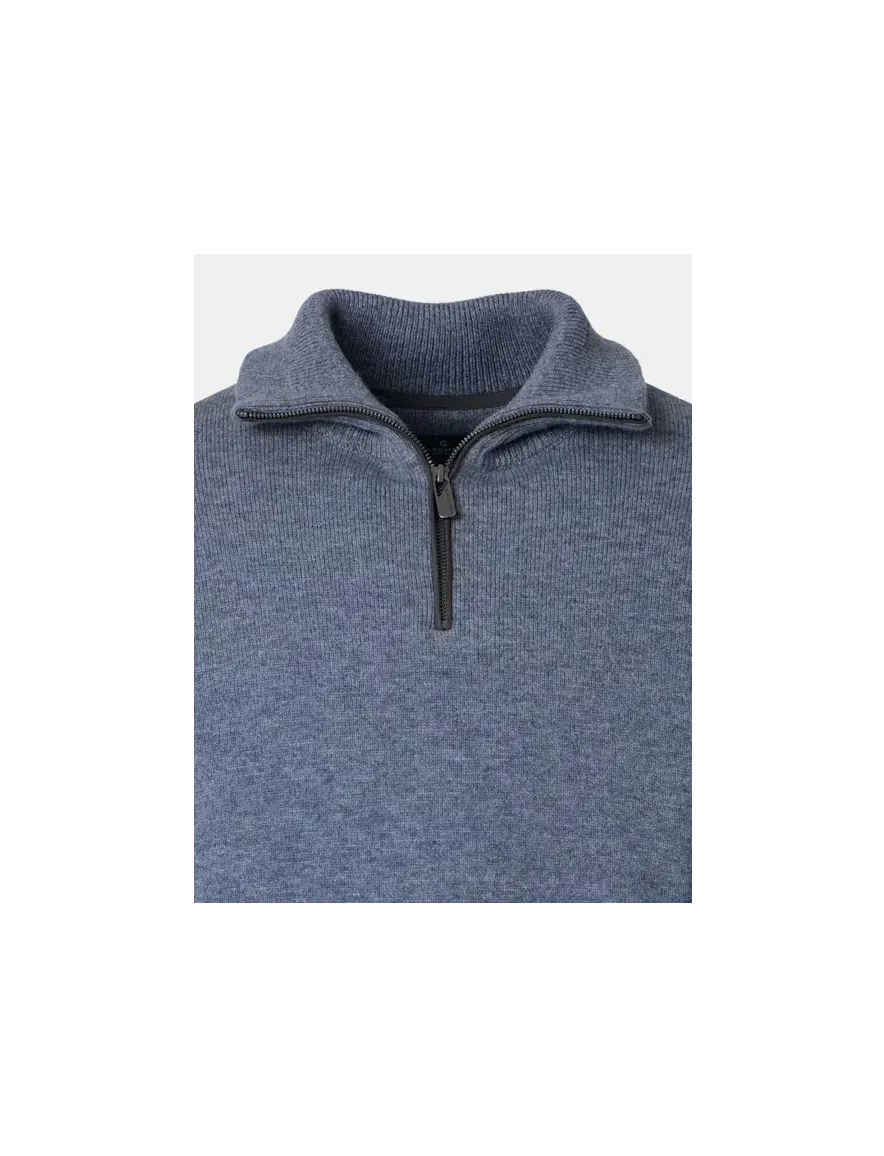 Casa Moda trui blauw gemeleerd half zip gebreid