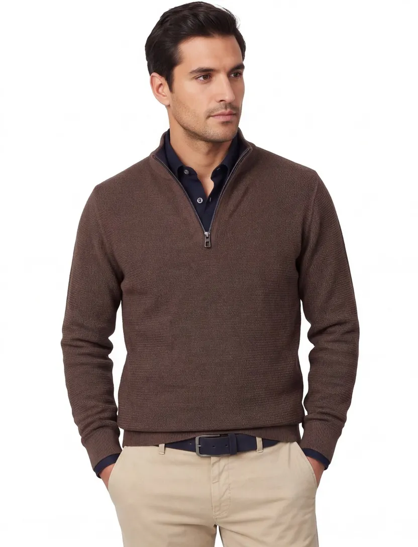 Trui Casa Moda half zip bruin katoen
