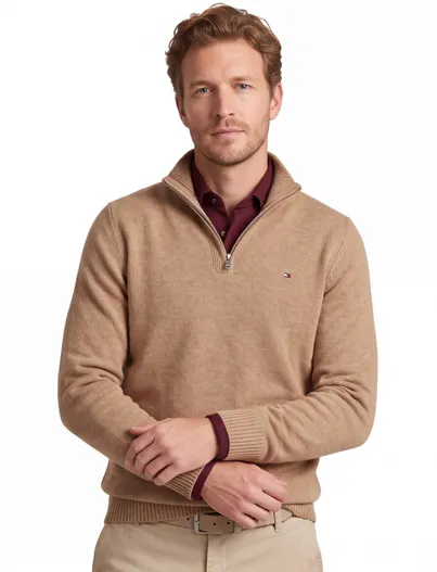 Tommy Hilfiger Tommy Hilfiger trui camel lamswol half zip