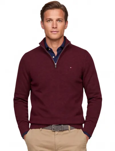 Tommy Hilfiger Tommy Hilfiger trui half zip bordeaux lamswol
