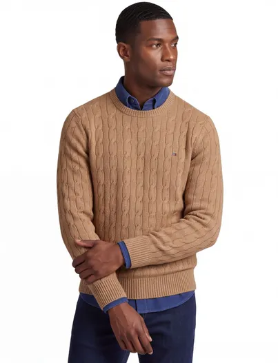Tommy Hilfiger Tommy Hilfiger trui camel lamswol ronde hals