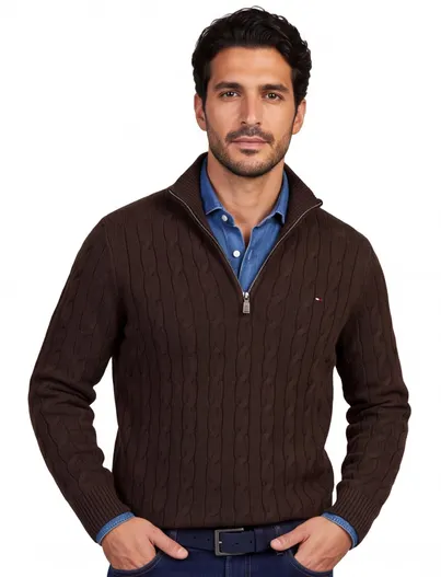 Tommy Hilfiger Tommy Hilfiger half zip trui bruin grof gebreid